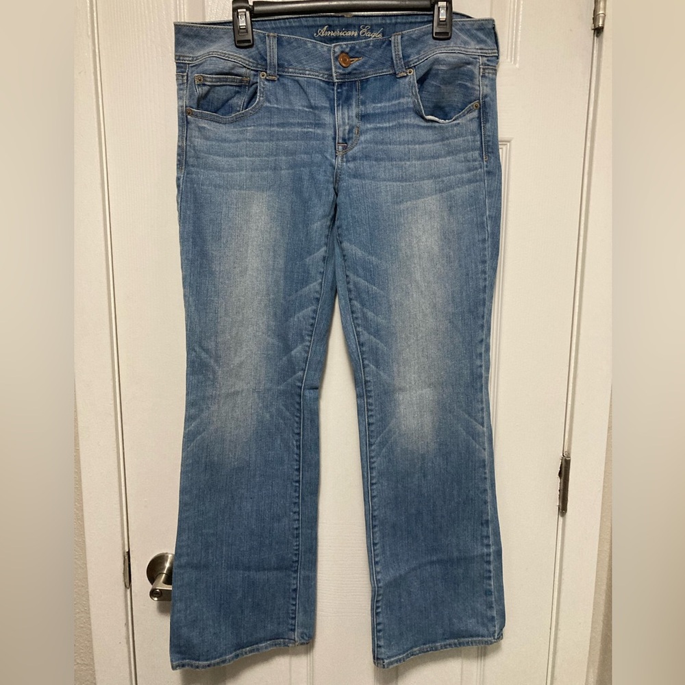 American Eagle Outfitters Medium Wash Sz 12S Distressed Slim Boot Denim Jeans#